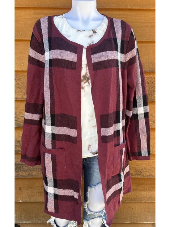Elle Sweaters - Plaid Open Front Cardigan Jacket By Elle Size XL Burgundy & Black Tones